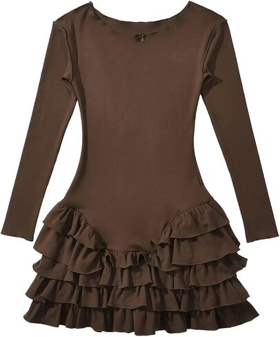 Drop Waist Mini Dress Ruffle Pleated Long Sleeve Casual Dresses for Women Bodycon Sundress Beach Vacation Outfits in Saudi Arabia