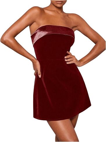 SOLY HUX Women's Elegant Strapless Velvet Dress High Waisted Flared A Line Wedding Guest Mini Tube Dress in Saudi Arabia