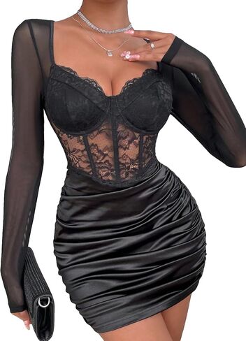 Floerns Women's Lace Mesh Sheer Corset Dress Sweetheart Neck Long Sleeve Ruched Bodycon Dresses in Saudi Arabia