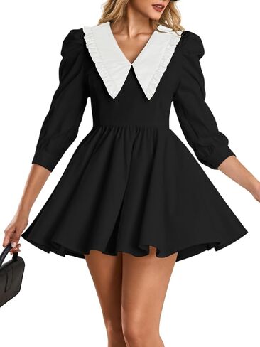 Kaei&Shi Peter Pan Collar Dress,Puff Sleeve Babydoll Mini Dresses for Women,Cute Fall Date Night Outfit in Saudi Arabia
