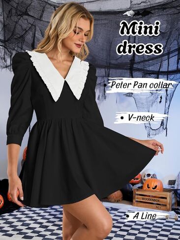 Kaei&Shi Peter Pan Collar Dress,Puff Sleeve Babydoll Mini Dresses for Women,Cute Fall Date Night Outfit in Saudi Arabia