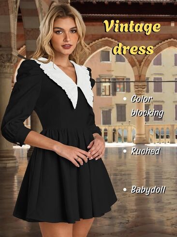 Kaei&Shi Peter Pan Collar Dress,Puff Sleeve Babydoll Mini Dresses for Women,Cute Fall Date Night Outfit in Saudi Arabia