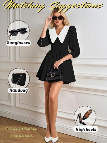 Kaei&Shi Peter Pan Collar Dress,Puff Sleeve Babydoll Mini Dresses for Women,Cute Fall Date Night Outfit in Saudi Arabia