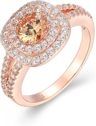 14K Rose Gold-Plated .925 Sterling Silver Champagne & White Cubic Zirconia Cushion-Shaped Double-Halo Pendant Necklace and Ring Size 7 in Kuwait