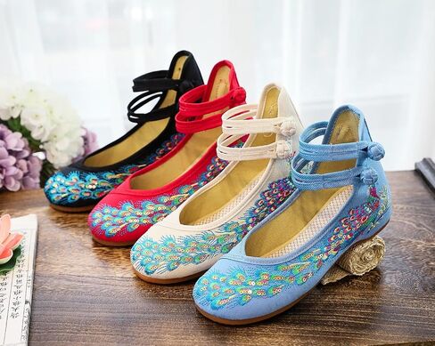 Chinese Peacock Embroidery Flats Shoes for Womens Ladies Slip On Ankle Strap Mary Jane Yoga Dress Shoes Wide Width Cheongsam Walking Sandals in Saudi Arabia