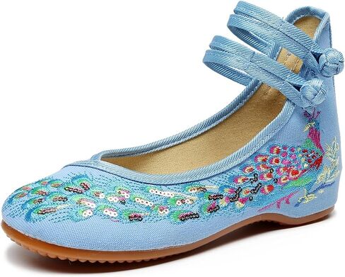 Chinese Peacock Embroidery Flats Shoes for Womens Ladies Slip On Ankle Strap Mary Jane Yoga Dress Shoes Wide Width Cheongsam Walking Sandals in Saudi Arabia