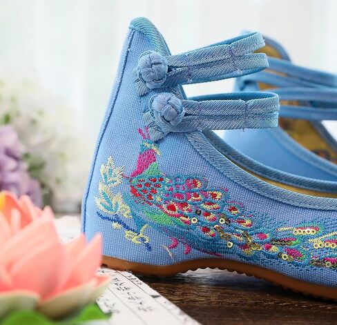 Chinese Peacock Embroidery Flats Shoes for Womens Ladies Slip On Ankle Strap Mary Jane Yoga Dress Shoes Wide Width Cheongsam Walking Sandals in Saudi Arabia