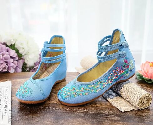 Chinese Peacock Embroidery Flats Shoes for Womens Ladies Slip On Ankle Strap Mary Jane Yoga Dress Shoes Wide Width Cheongsam Walking Sandals in Saudi Arabia