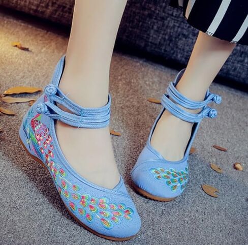 Chinese Peacock Embroidery Flats Shoes for Womens Ladies Slip On Ankle Strap Mary Jane Yoga Dress Shoes Wide Width Cheongsam Walking Sandals in Saudi Arabia