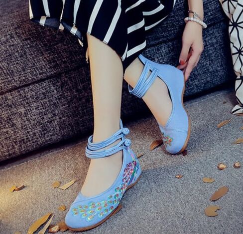 Chinese Peacock Embroidery Flats Shoes for Womens Ladies Slip On Ankle Strap Mary Jane Yoga Dress Shoes Wide Width Cheongsam Walking Sandals in Saudi Arabia