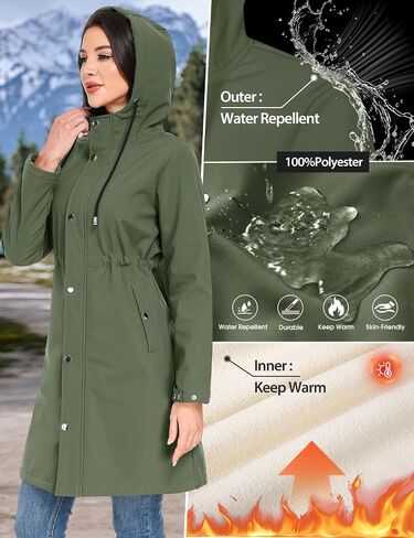 Women's Softshell Long Rain Jacket Waterproof Fleece Lined Windbreaker Lightweight Insulated Warm up Coat with Hood in Saudi Arabia