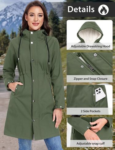 Women's Softshell Long Rain Jacket Waterproof Fleece Lined Windbreaker Lightweight Insulated Warm up Coat with Hood in Saudi Arabia
