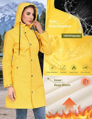 Women's Softshell Long Rain Jacket Waterproof Fleece Lined Windbreaker Lightweight Insulated Warm up Coat with Hood in Saudi Arabia
