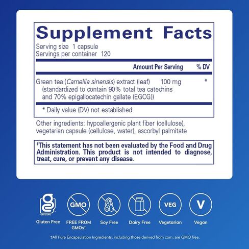 مغلفات نقية مستخلص الشاي الأخضر (devaffeinated) | دعم مضادات الأكسدة hypoallergenic لجميع الخلايا في الجسم* | 60 كبسولات in Saudi Arabia