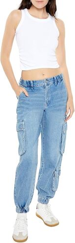 Forever 21 Womens Mid-Rise Denim Cargo Joggers in Saudi Arabia