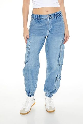 Forever 21 Womens Mid-Rise Denim Cargo Joggers in Saudi Arabia