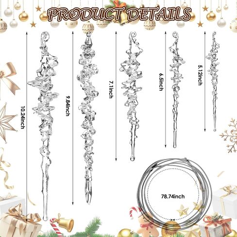 Chunful 20 Pcs Large Icicle Ornaments for Christmas Fireplace Tree Decoration Hanging Clear Crystal Acrylic Icicles Pendant for Xmas Mantel Eaves Winter Holiday Frozen Party Decor with Various Sizes in Saudi Arabia