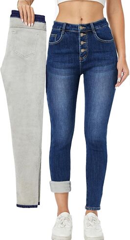 heipeiwa Fleece Lined Jeans Women's Winter Thermal Jeans Flannel Lined Skinny Denim Jeans 4 Buttons in Saudi Arabia