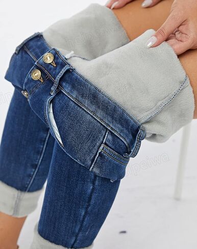heipeiwa Fleece Lined Jeans Women's Winter Thermal Jeans Flannel Lined Skinny Denim Jeans 4 Buttons in Saudi Arabia
