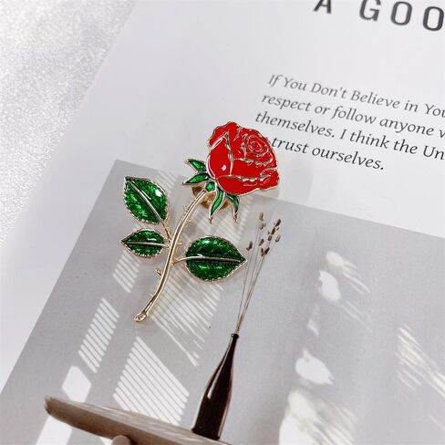 Red Rose Flower Brooch Pin for Women Girls Men Red Green Enamel 14k Gold Plated Cute Floral Lapel Pins Dress Accessories Boutonniere Corsage for Hat Bag Suit Tie Jewelry for Wedding Anniversary in Saudi Arabia