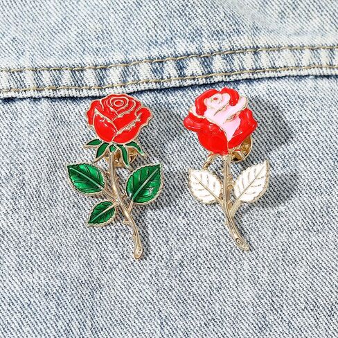 Red Rose Flower Brooch Pin for Women Girls Men Red Green Enamel 14k Gold Plated Cute Floral Lapel Pins Dress Accessories Boutonniere Corsage for Hat Bag Suit Tie Jewelry for Wedding Anniversary in Saudi Arabia