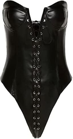 Women Faux Leather Lingerie Vintage Club Party Corset Strapless Leotard Bodysuit,Black,Small in Saudi Arabia