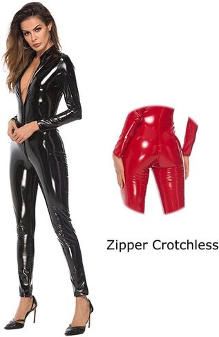 SPLORR Womens Shiny Faux Leather Catsuit Bodysuit Hollow Out Zipper Front Cosplay Bodysuits Party Clubwear Fancy Playsuit Babydoll Black in Saudi Arabia