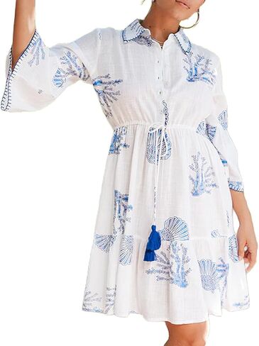 DEBBIE KATZ Michi Mini Shirt Dress – Striped Linen-Look Beach Tunic, Boho Summer Cover-Up with Elastic Waist, Short Sleeves in Saudi Arabia