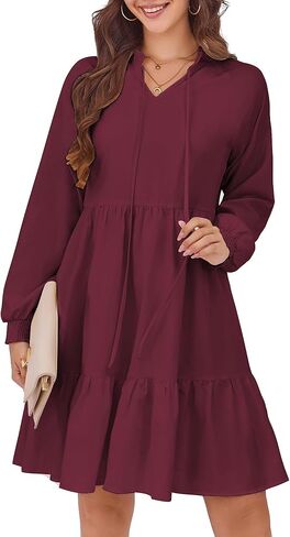 فساتين HUSKARY Baby Doll للسيدات خريف كاجوال بربطة عنق على شكل V وكشكشة متدرجة فستان تونيك بطول الركبة فساتين لطيفة مع جيوب in Kuwait