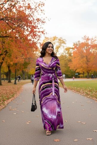 فستان FANDEE نسائي طويل برقبة على شكل حرف V 3/4 كم فستان كاجوال بحزام خصر إمبراطوري للنساء المتعرجات in Saudi Arabia