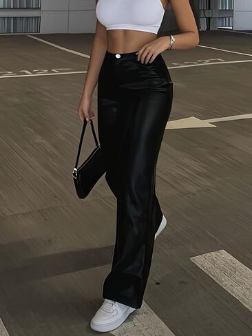 OYOANGLE Women's Leather Pants Y2K PU High Waist Wide Leg Pants Pocket Straight Trousers in Saudi Arabia