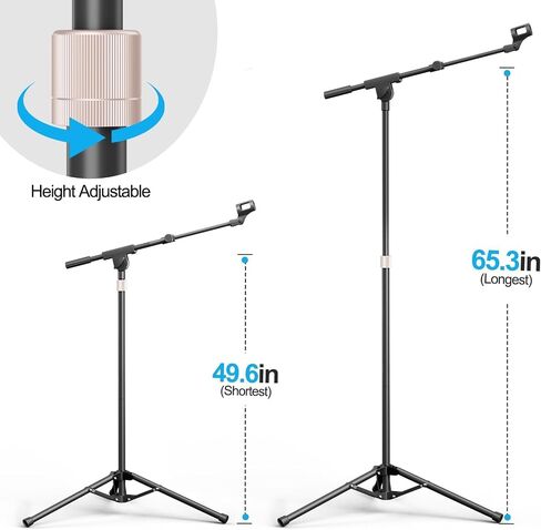 Mic Stand, Heavy Duty Tripod Microphone Stand Boom Arm Floor Mic Stand Height Adjustable with Carrying Bag and 2 Mic Clips for Singing Performance, Home studio recording, Podcast and Stage in Saudi Arabia