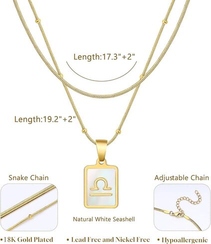 LETFLY Zodiac Natural Shell Layered Gold Necklace for Women, 18K Gold Plated Square Shaped Pendant with Adjustable Layered Snake Chain for Womens Jewelry Gifts in Kuwait