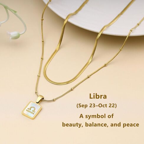 LETFLY Zodiac Natural Shell Layered Gold Necklace for Women, 18K Gold Plated Square Shaped Pendant with Adjustable Layered Snake Chain for Womens Jewelry Gifts in Kuwait