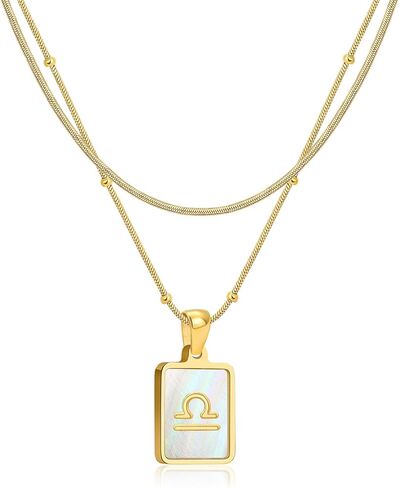 LETFLY Zodiac Natural Shell Layered Gold Necklace for Women, 18K Gold Plated Square Shaped Pendant with Adjustable Layered Snake Chain for Womens Jewelry Gifts in Kuwait
