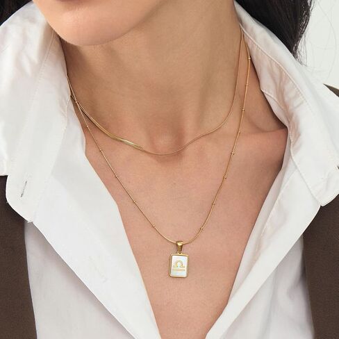 LETFLY Zodiac Natural Shell Layered Gold Necklace for Women, 18K Gold Plated Square Shaped Pendant with Adjustable Layered Snake Chain for Womens Jewelry Gifts in Kuwait