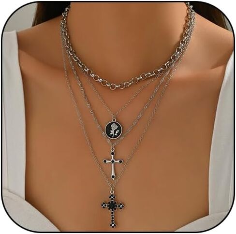 Cross Necklace for Women Gold Long Chain Layered Cross Crystal Pendant Statement Necklace Summer Beach Boho Jewelry in Saudi Arabia