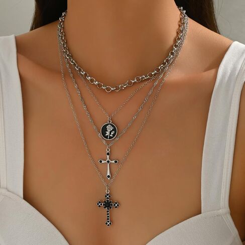 Cross Necklace for Women Gold Long Chain Layered Cross Crystal Pendant Statement Necklace Summer Beach Boho Jewelry in Saudi Arabia