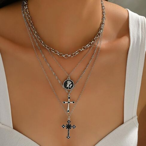 Cross Necklace for Women Gold Long Chain Layered Cross Crystal Pendant Statement Necklace Summer Beach Boho Jewelry in Saudi Arabia