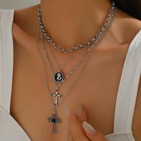 Cross Necklace for Women Gold Long Chain Layered Cross Crystal Pendant Statement Necklace Summer Beach Boho Jewelry in Saudi Arabia