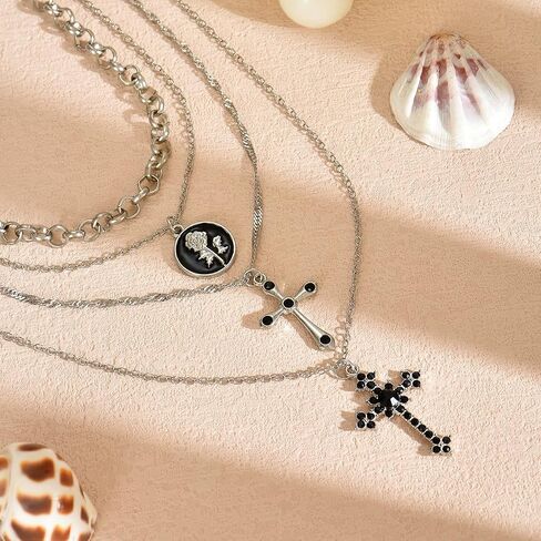 Cross Necklace for Women Gold Long Chain Layered Cross Crystal Pendant Statement Necklace Summer Beach Boho Jewelry in Saudi Arabia