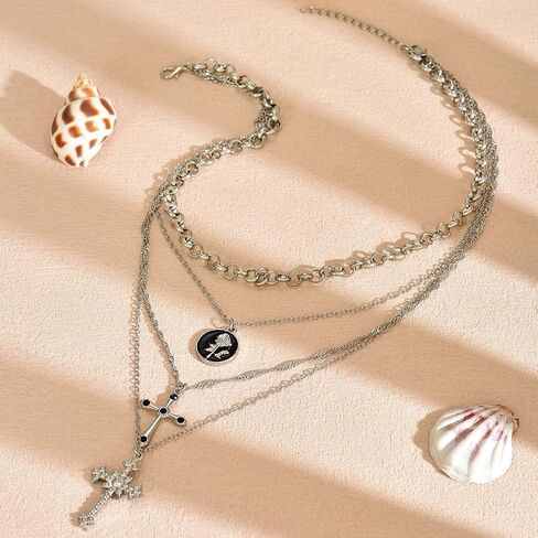 Cross Necklace for Women Gold Long Chain Layered Cross Crystal Pendant Statement Necklace Summer Beach Boho Jewelry in Saudi Arabia