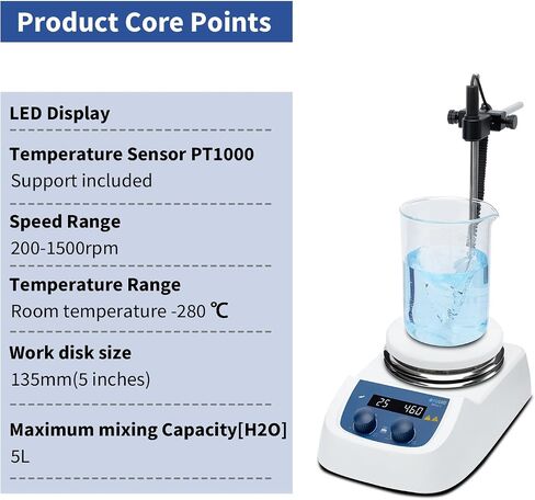 ONiLAB 120℃ 5 inch LED Digital Hotplate Magnetic Stirrer with Ceramic Coated Stainless Steel Work Plate, 200-1500rpm,5L,110V,Temp Probe Sensor & Support Stand & Stirring Bar Included in Saudi Arabia