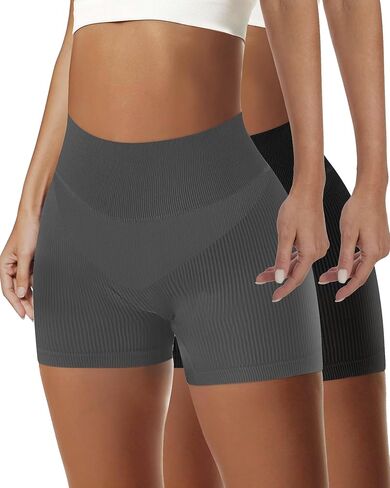 AURUZA 2Pack شورت للتمرين للنساء، شورت عالي الخصر لراكبي الدراجات النارية، سروال نسائي رياضي مضلع بدون خياطة لليوجا والجيم in Kuwait