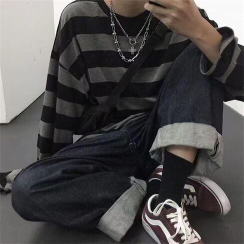 تي شيرت رجالي برقبة دائرية وأكمام طويلة مخططة من Emo Punk American Harajuku Street قميص فضفاض للزوجين in Saudi Arabia