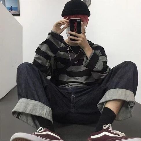 تي شيرت رجالي برقبة دائرية وأكمام طويلة مخططة من Emo Punk American Harajuku Street قميص فضفاض للزوجين in Saudi Arabia
