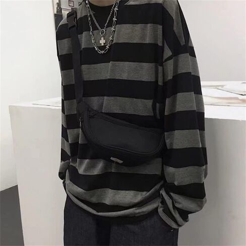 تي شيرت رجالي برقبة دائرية وأكمام طويلة مخططة من Emo Punk American Harajuku Street قميص فضفاض للزوجين in Saudi Arabia