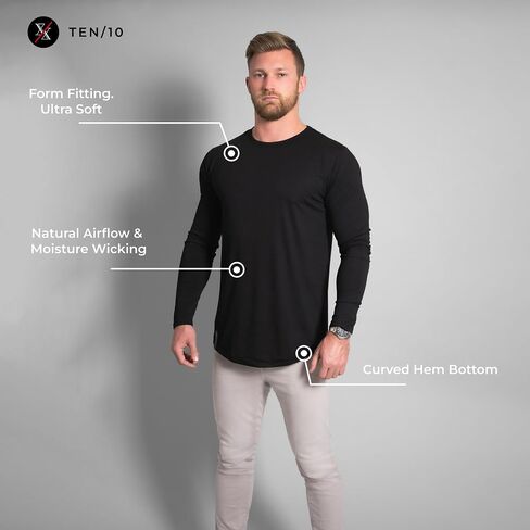 Ten10 Apparel Men's Premium Crew Neck Long Sleeve T-Shirt, Curved Hem, Velura Blend in Saudi Arabia