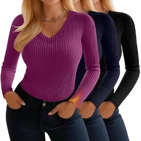 3 Pack Women's Plus Size Shirts, Cotton Long Sleeve Ribbed Knit Pullover Tops V Neck Slim Fit Sweater Basic Tshirt in Kuwait