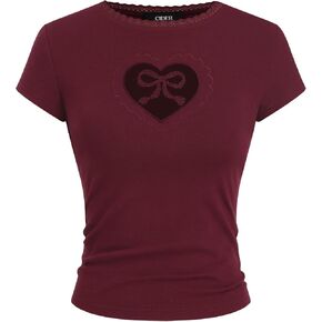 CIDER Graphic Tees Cute Tops Cotton Blend Bowknot Heart Lace Trim Crew Neck Short Sleeve T Shirt in Saudi Arabia